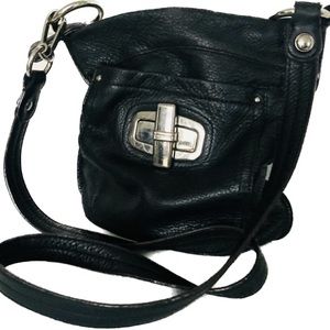 B. Makowsky Crossbody Purse Black Leather Shoulder Bag Animal Print Interior EUC